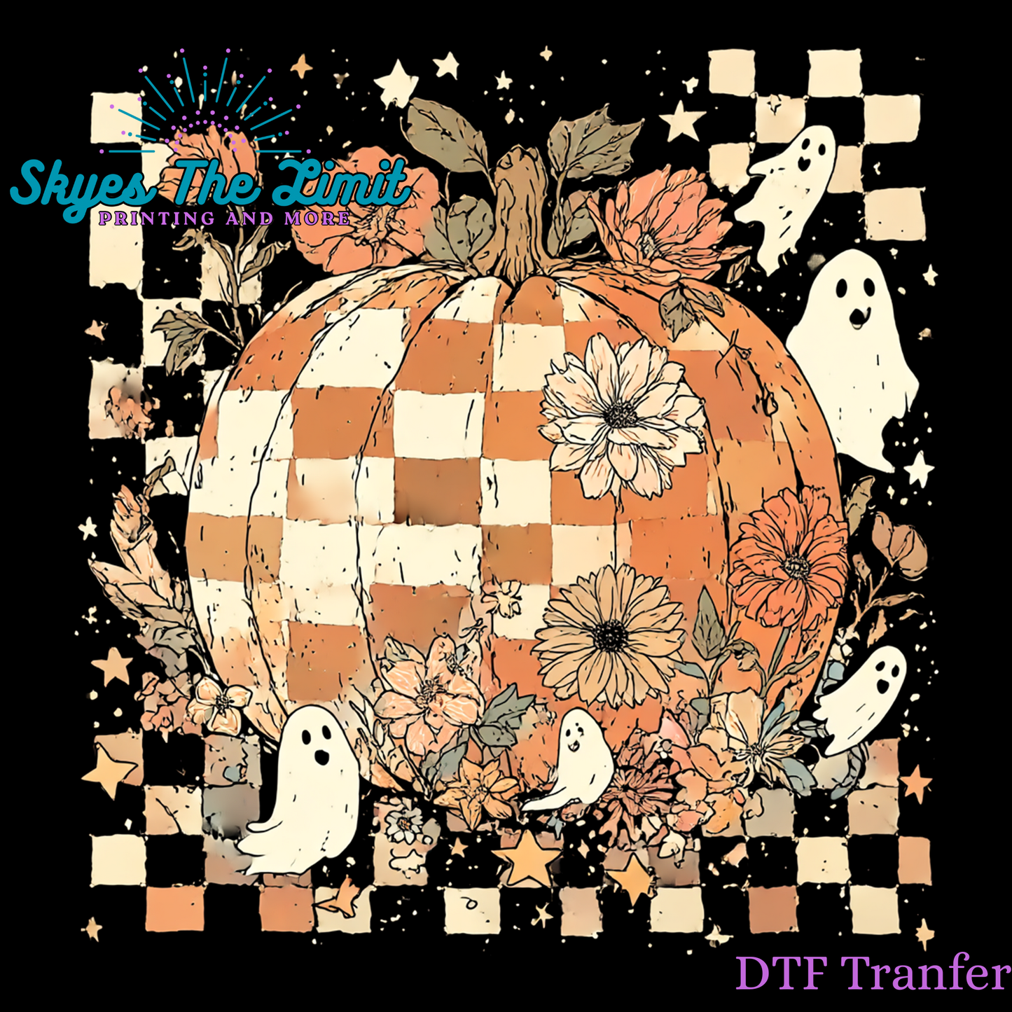 Checkered pumpkin with ghost (DTF TRANSFER)
