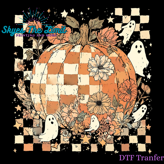 Checkered pumpkin with ghost (DTF TRANSFER)
